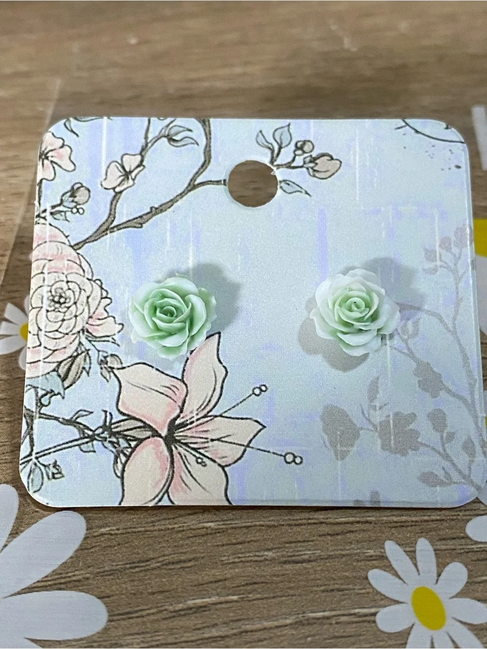 Mint Green Rose Stud Earrings - Floral Resin Roses